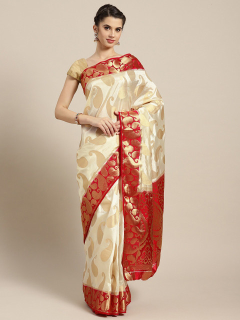 

Mitera Off White & Red Woven Design Zari Art Silk Banarasi Saree