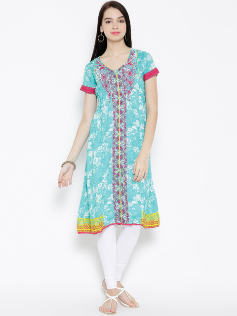 

Rangriti Women Turquoise Blue & White Print A-Line Kurta