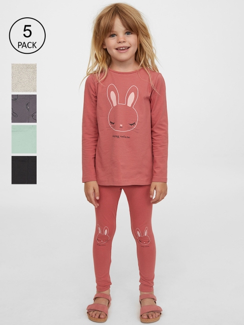 

H&M Girls Pack of 5 Solid Cotton Leggings, Multi