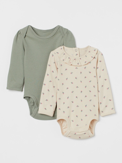 

H&M Kids-Girls 2-Pack Puff-Sleeved Bodysuits, Green