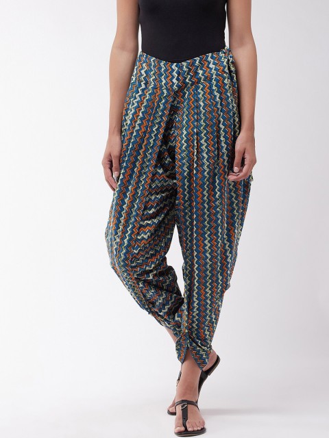 

InWeave Women Blue & Orange Zig Zag Printed Cotton Dhoti Pants