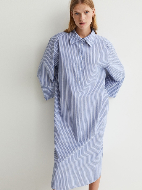 

H&M Women Blue & White Striped Trumpet-Sleeved Shirt Dress