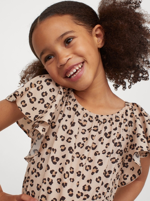 

H&M Girls Beige Printed Flutter-Sleeved Playsuit