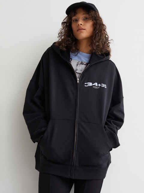 

H&M Women Black Printed Zip-Through Hoodie