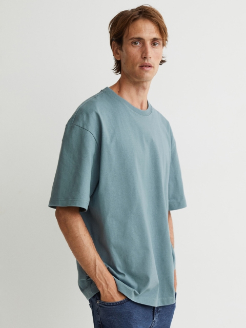 

HM Men Turquoise Blue Pure Cotton T-shirt Relaxed Fit