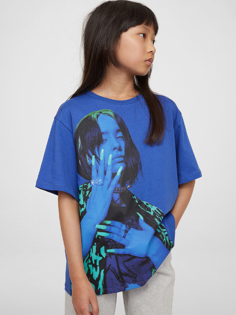 

H&M Kids-Girls Blue Oversized Printed T-shirt