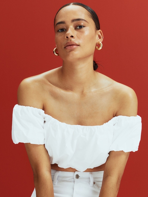 

H&M Women White Off-Shoulder Bardot Crop Top