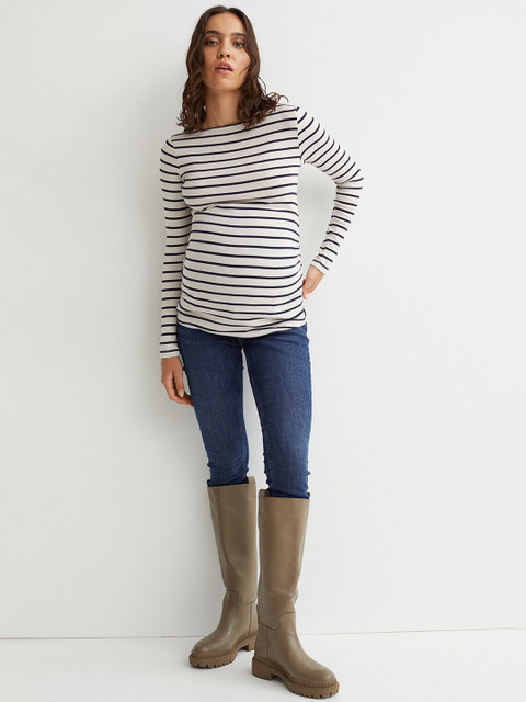

H&M Women Beige & Black Striped MAMA Cotton Jersey Top