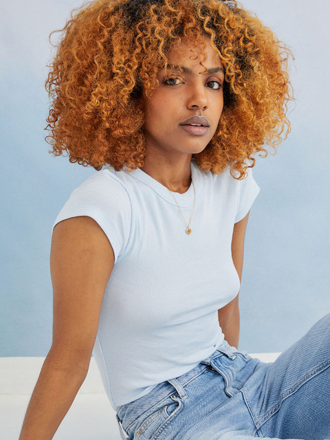 

H&M Women Blue Striped Ribbed Top