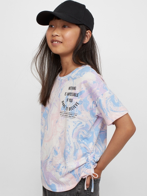

H&M Girls White & Blue Printed Drawstring-Detail Jersey Top