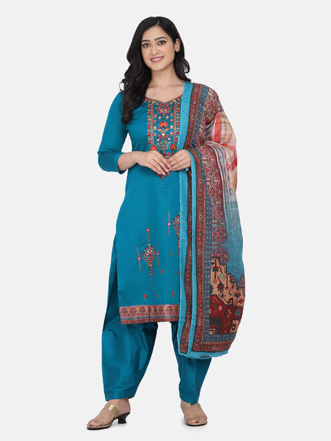 

Shaily Teal Blue & Red Printed Unstitched Dress Material