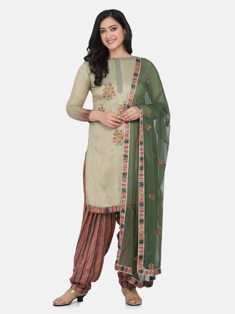 

Shaily Olive Green & Orange Embroidered Unstitched Dress Material