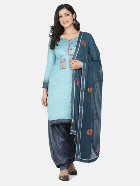 

Shaily Turquoise Blue & Orange Embroidered Unstitched Dress Material