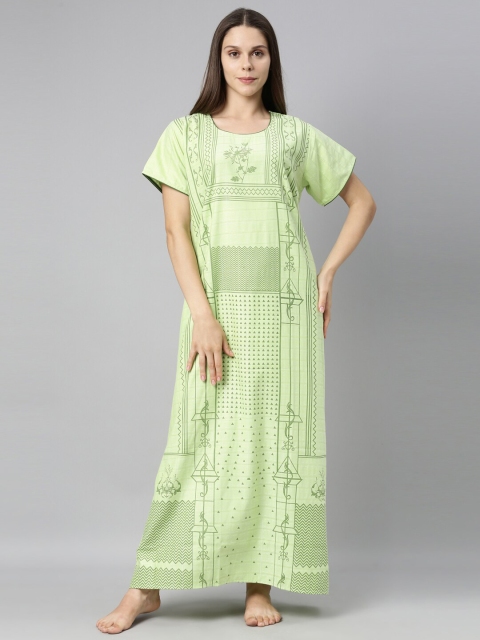 

GOLDSTROMS Women Pure Cotton Green Printed Maxi Nightdress
