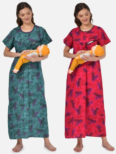 

Klamotten Pack Of 2 Women Printed Maxi Nightdress, Green