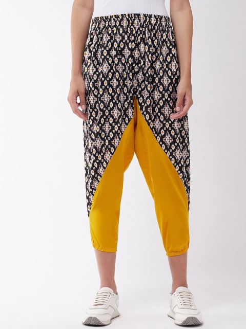 

InWeave Women Mustard-Yellow & Black Printed Cotton Patola Harem Pants