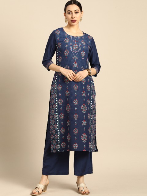 

Anouk Women Blue Floral Printed Regular Kurta with Trousers