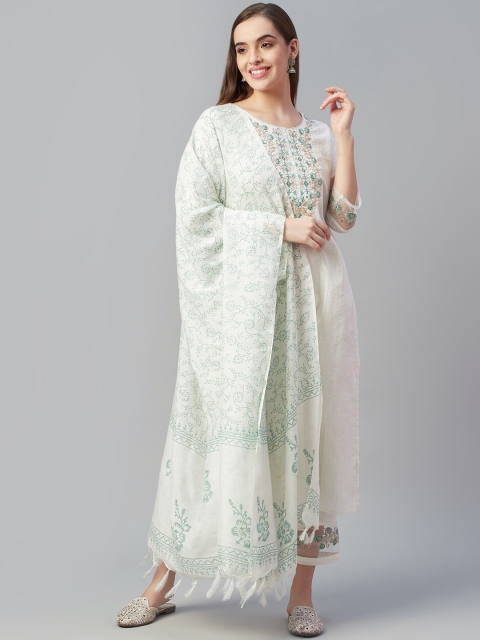 

Silai Bunai Women White Floral Embroidered Regular Pure Cotton Kurta with Palazzos & With Dupatta