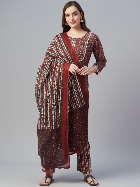 

Silai Bunai Women Red Floral Printed Regular Kurta with Palazzos & With Dupatta