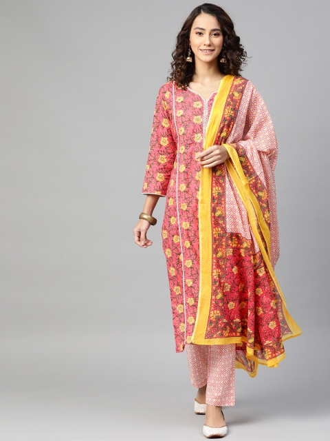 

Silai Bunai Women Pink Floral Printed Regular Pure Cotton Kurta with Palazzos & With Dupatta