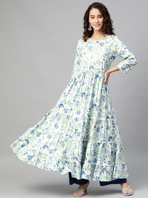 

Silai Bunai Women White & Blue Floral Printed Floral Anarkali Kurta