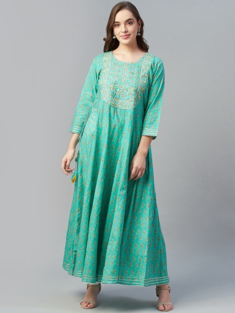 

Silai Bunai Women Green & Yellow Floral Printed Anarkali Kurta