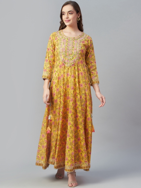 

Silai Bunai Women Yellow & Pink Floral Printed Gotta Patti Anarkali Kurta