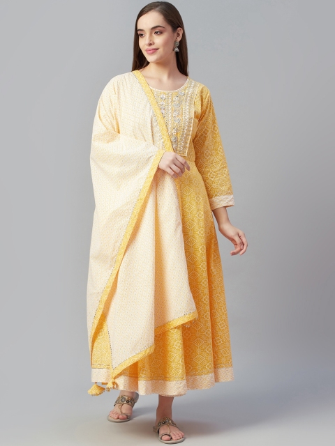 

Silai Bunai Women Yellow Bandhani Printed Regular Pure Cotton Kurta with Palazzos & With Dupatta