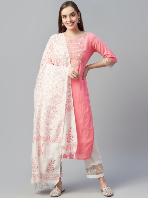 

Silai Bunai Women Pink Yoke Design Regular Pure Cotton Kurta with Palazzos & With Dupatta