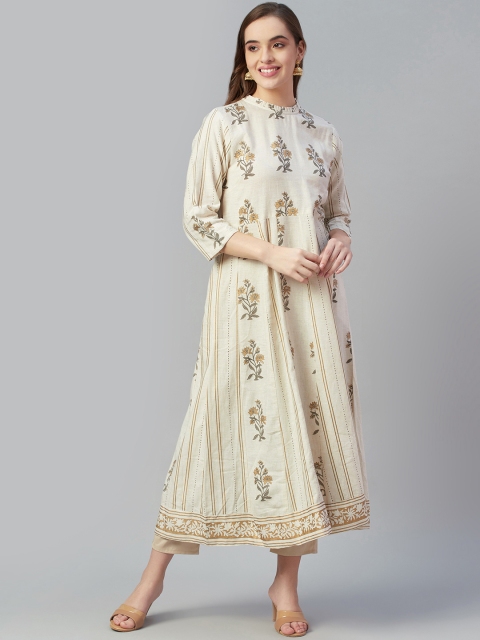 

Silai Bunai Women Beige Floral Printed Anarkali Kurta