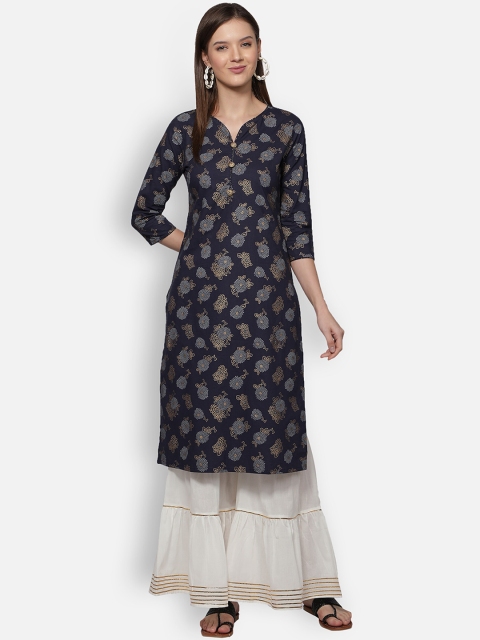 

Dipsha Women Navy Blue Prinyted Straight Pure Cotton Kurta with Sharara