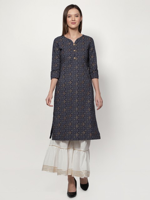 

Dipsha Women Navy Blue Printed Regular Pure Cotton Kurta with Sharara