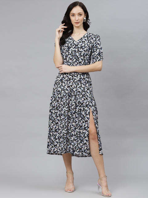 

Popnetic Navy Blue Floral A-Line Midi Dress