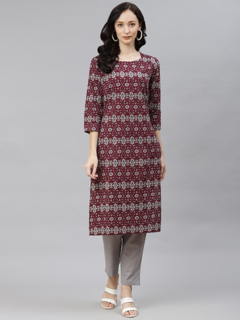 

Popnetic Women Maroon Ethnic Motifs Printed Kurta