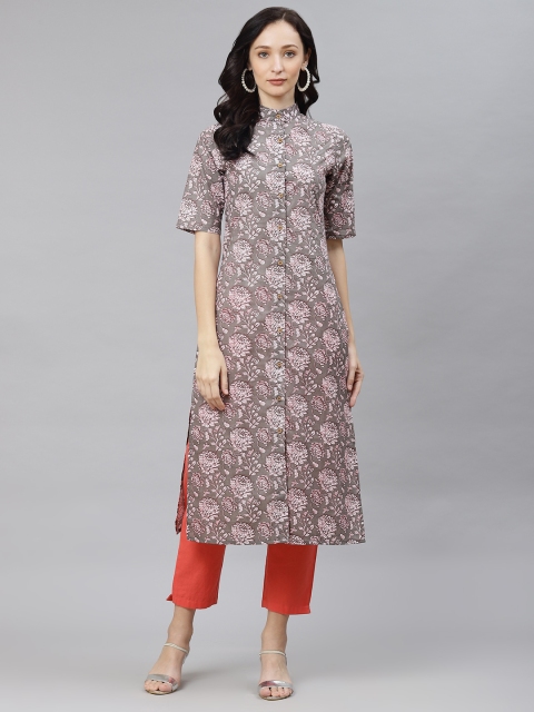 

Popnetic Women Grey & Pink Floral Printed Floral Kurta