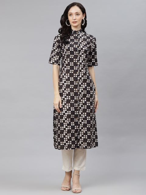 

Popnetic Women Brown & White Printed Kurta