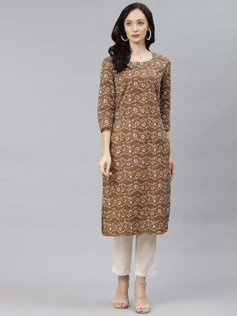 

Popnetic Women Brown & White Ethnic Motifs Printed Kurta