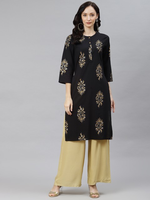 

Popnetic Women Black Floral Printed Floral Kurta