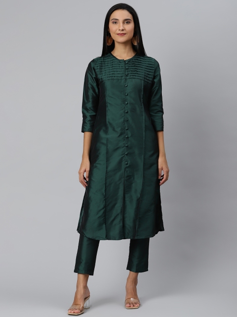 

Ives Women Teal Green Yoke Design Regular Kurta with Trousers