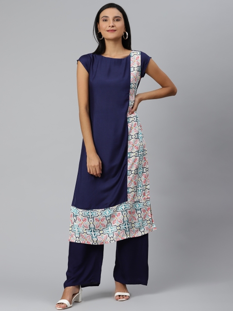 

Ives Women Navy Blue Ethnic Motifs Printed Extended Sleeves Kurta