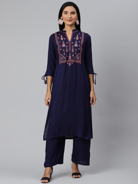 

Ives Women Navy Blue Ethnic Motifs Yoke Design Kurta