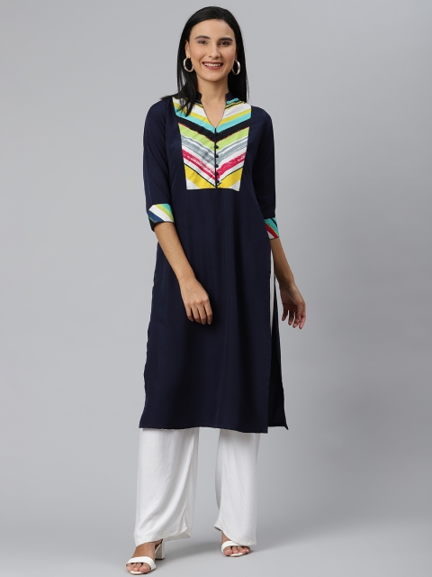 

Ives Women Navy Blue Yoke Design Crepe Kurta