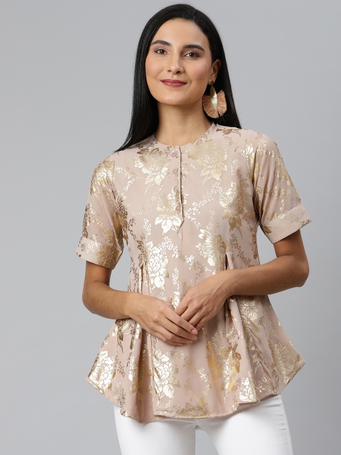 

Ives Beige Floral Foil Printed A-Line Top
