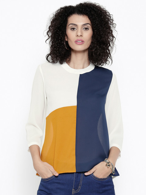 

SASSAFRAS Women Off-White & Navy Colourblocked Top