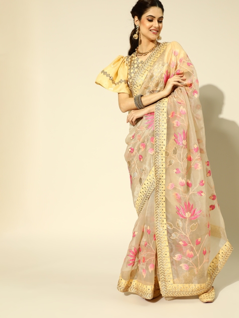 

Tikhi Imli Floral Organza Saree with Embroidered Border, Beige