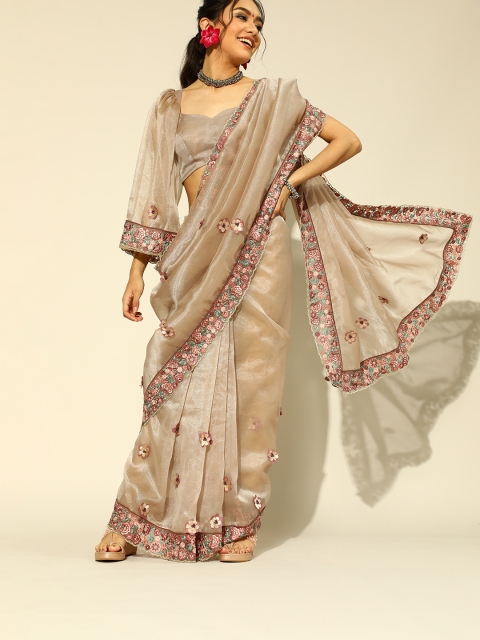 

Tikhi Imli Floral Organza Saree with Embroidered Border, Beige