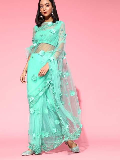 

Tikhi Imli Floral Saree with Embellished border, Green