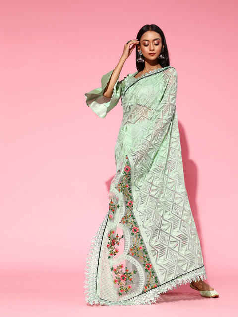

Tikhi Imli Solid Saree with Woven Design border, Sea green