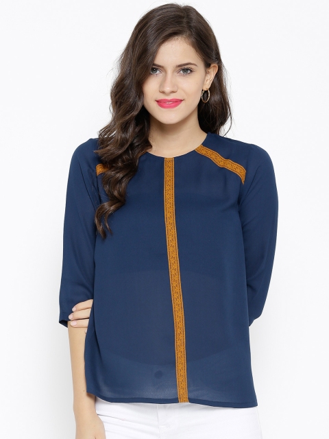 

SASSAFRAS Women Navy Lace Detail Sheer Top, Navy blue