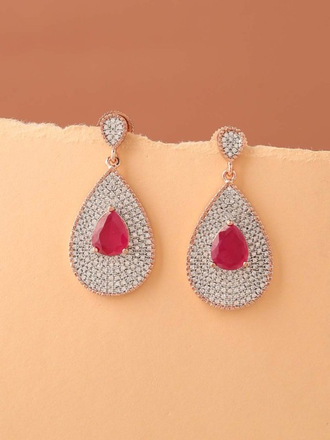 

Tistabene Rose Gold-Plated & Pink Teardrop Shaped Drop Earrings